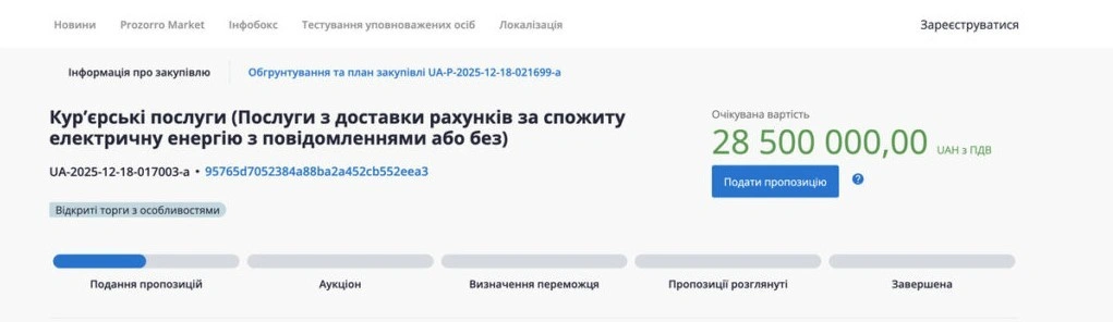 За понад 28 млн грн у Закарпатській області хочуть закупити кур’єрські послуги для доставлення платіжок за світло